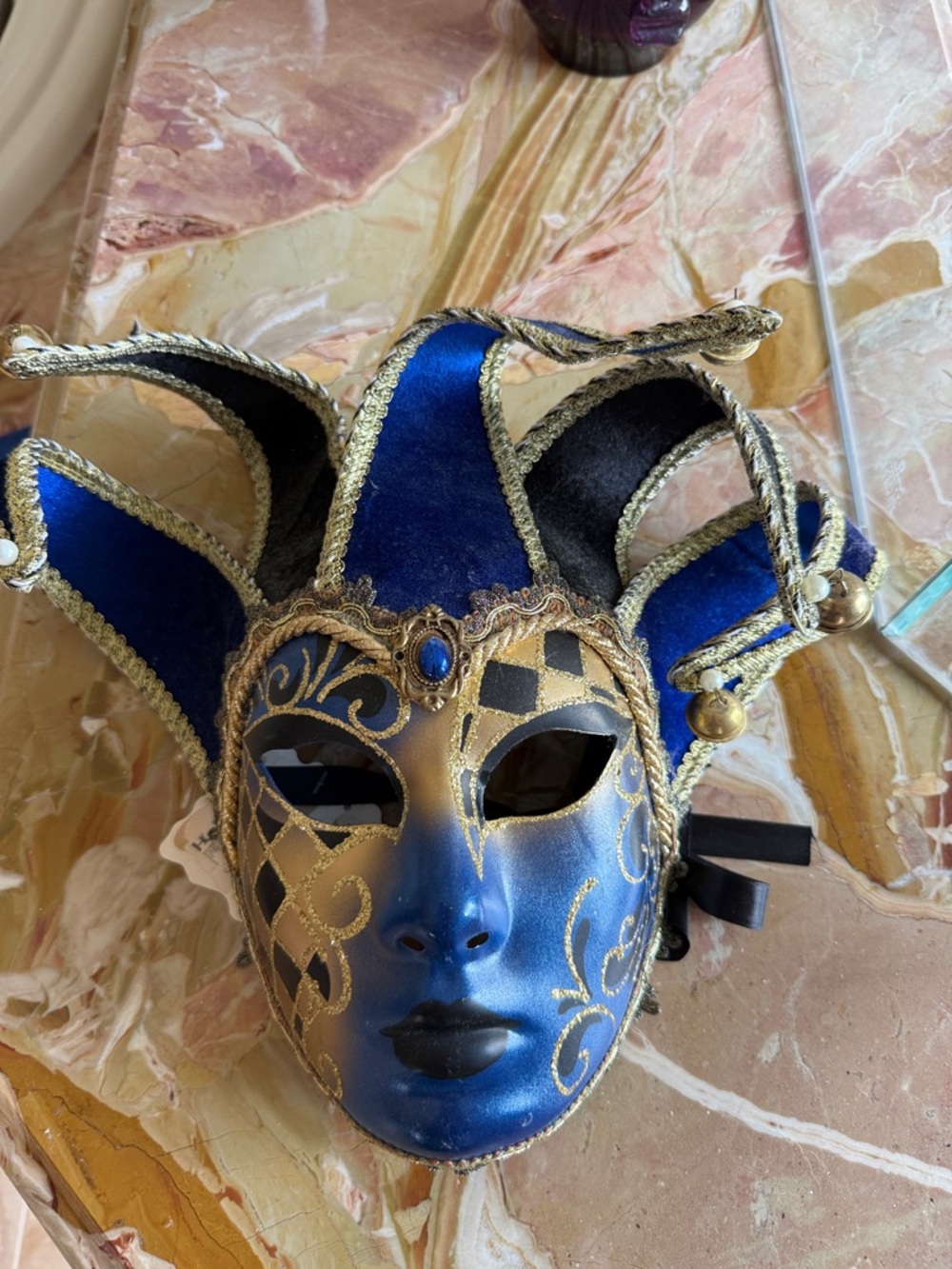 Blue and Gold Venetian Jester Wall Mask - Decorative Home Wall Art